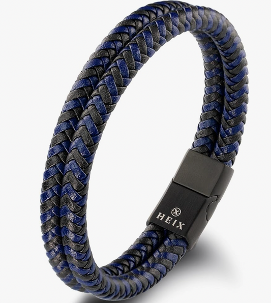 Braided black and blue bracelet with HEIX clasp on a white background